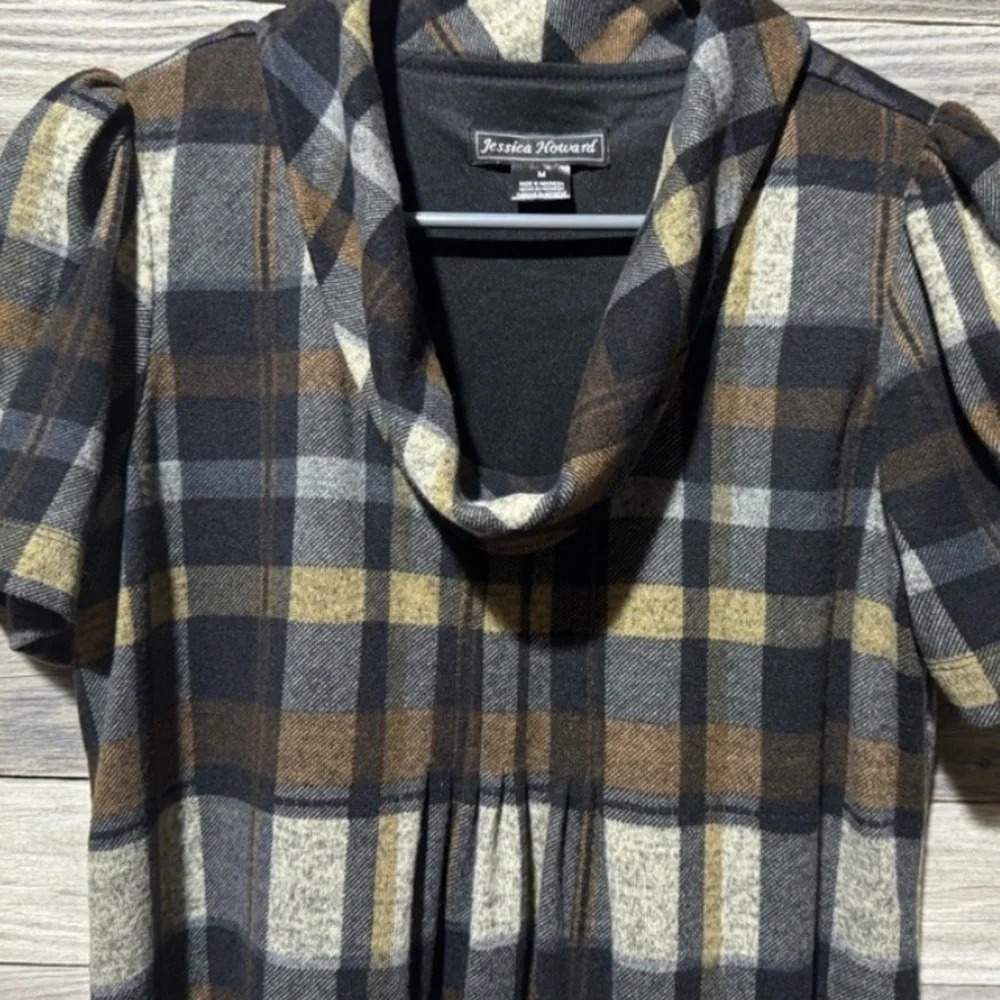 JESSICA HOWARD Plaid Cowl Neck Dress Medium Puff Short Sleeves JH Collectibles - Picture 8 of 9